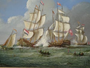 Buy Thomas Heesakkers - Mooi maritiem schilderij schepen in oorlog op paneel.? Bid from 250!