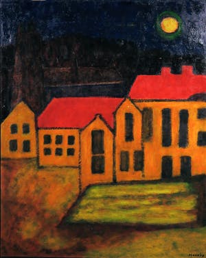 Pieter Haan - Acryl op board, Huisjes in het donker kopen? Bied vanaf 1!