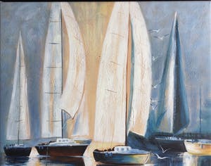 Berend Pasman - Zeilboten in haven | olieverfschilderij (in baklijst) kopen? Bied vanaf 125!
