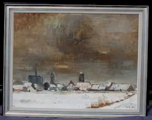 Jose Van Gucht - Olieverf op doek: 'zicht op een besneeuwd landschap' - 1956 kopen? Bied vanaf 299!