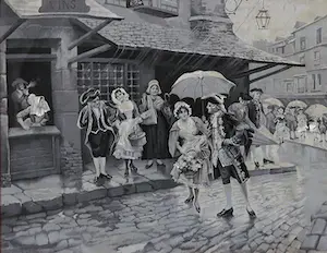 Niet of onleesbaar gesigneerd - Vrolijk tafereel gedrukt op zijde kopen? Bied vanaf 1!