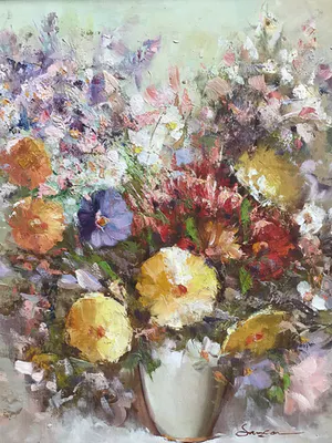 Eddy Samson - Uitbundig Bouquet in witte vaas. kopen? Bied vanaf 1!