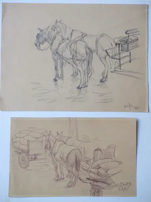 Willem van Dort - Werkpaarden aan de kade - Tekeningen kopen? Bied vanaf 35!