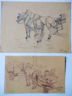 Willem van Dort - Werkpaarden aan de kade - Tekeningen verkocht voor € 35!
