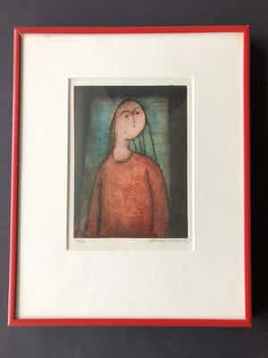 Gerda Smit - kleurenets - eigen druk - 'Meisje in het rood' - 1987 (INGELIJST) verkocht voor € 165!