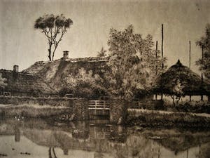 Niet of onleesbaar gesigneerd - Fraaie droge naald Ets "boerderij aan water" gesigneerd kopen? Bied vanaf 1!