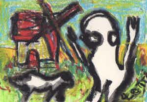 Lotti van der Gaag - gemengde techniek op papier | 'Molen én weiland in Holland' | 1992 verkocht voor € 300!