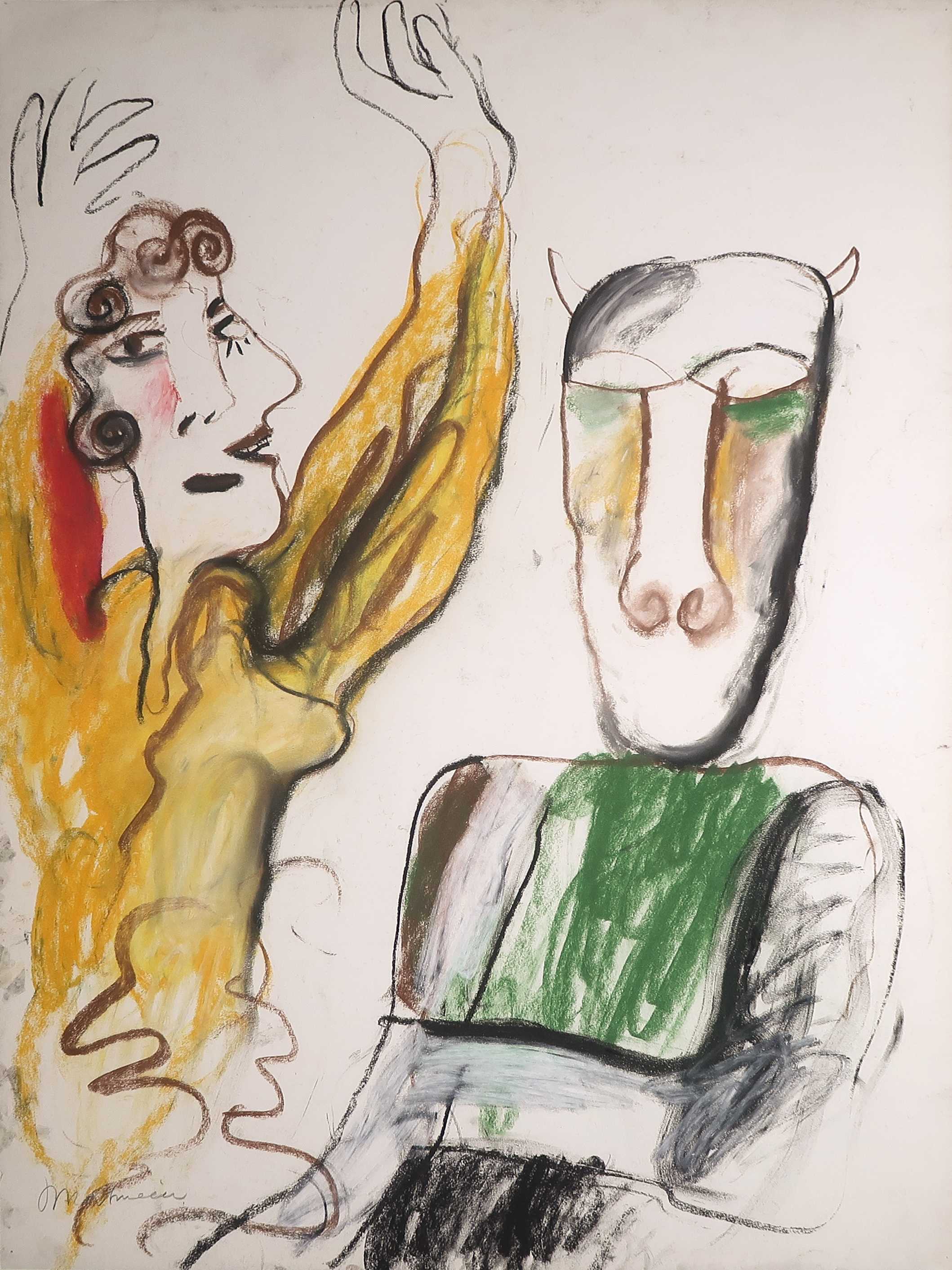 Anton Martineau - Krijttekening, Dansend meisje en sombere man (Groot) verkocht voor € 60!