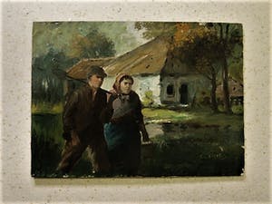 Niet of onleesbaar gesigneerd - olieverf op houten paneel schilderij "Na gedane arbeid" onduidelijk gesigneerd kopen? Bied vanaf 1!