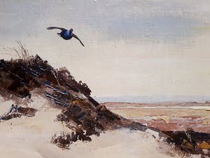 Jo Schrijnder - Vliegende eend in duinlandschap, olieverf op doek (netjes ingelijst, groot) kopen? Bied vanaf 975!