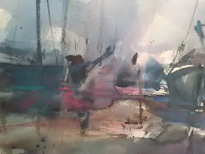 Jan Velthuis - Jan Velthuis: Aquarel, Drooggevallen schepen op het wad - Ingelijst kopen? Bied vanaf 175!