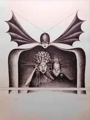 Patrick Conrad - BIZARRE FIGUREN / ZW-W LITHO / 70x50cm / SIG / 1975 verkocht voor € 35!