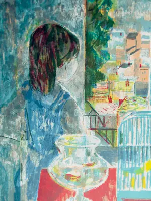 Emilio Grau-Sala - Lithographie "Fenêtre ouverte avec cage à oiseau et poissons rouges" kopen? Bied vanaf 115!