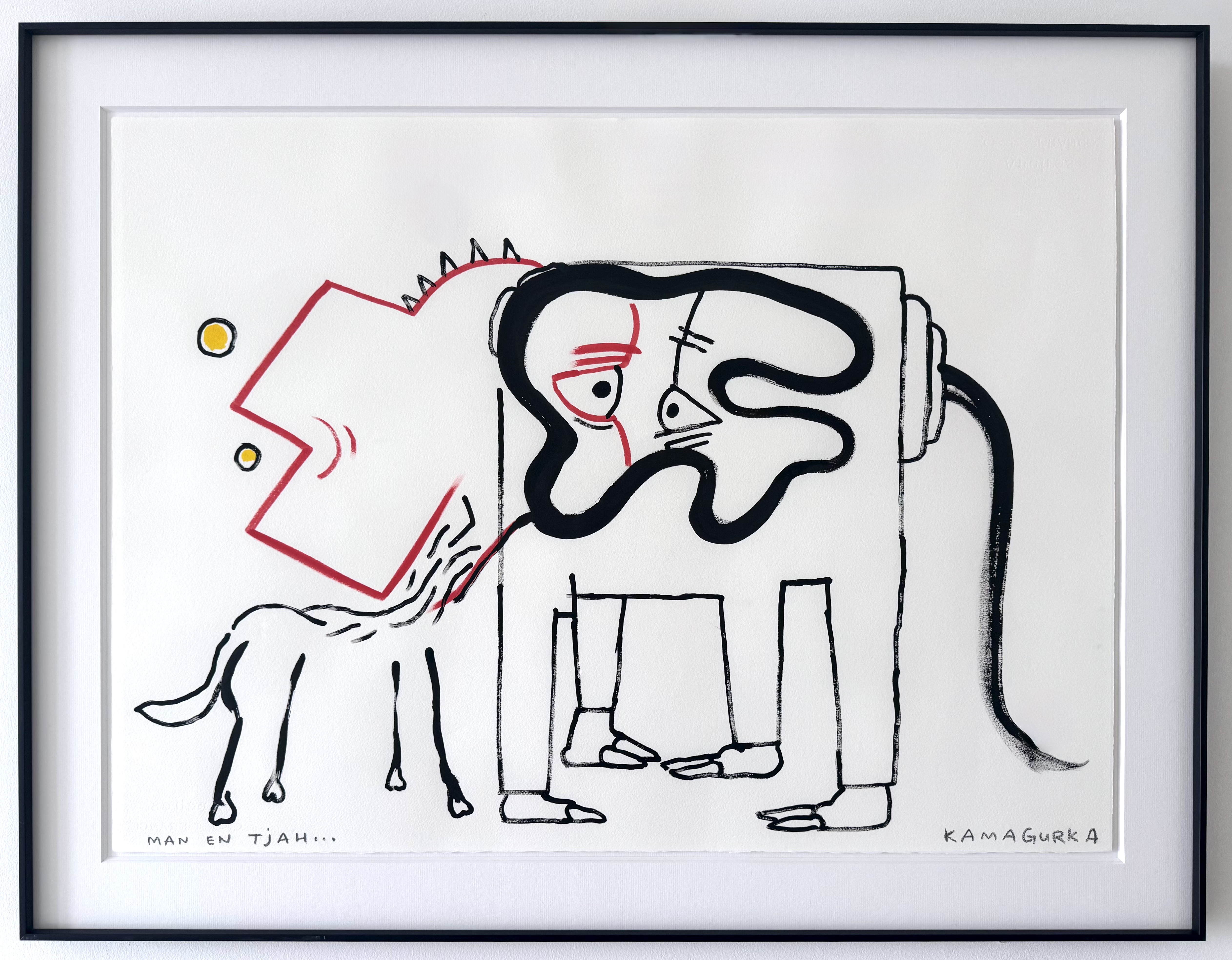 AcheterKamagurka - Man en Tjah... - Gemengde techniek op papier - Gesig. - 57x77 cm - ingelijst? Enchérissez de 1900!