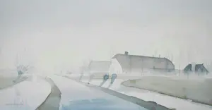 Gerrit Neven - Boerderijen in een mistige polder - ingelijste aquarel kopen? Bied vanaf 175!