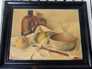 Johannes Dirk Verboom - stilleven-appels op doek met fles,schaal en mes kopen? Bied vanaf 75!