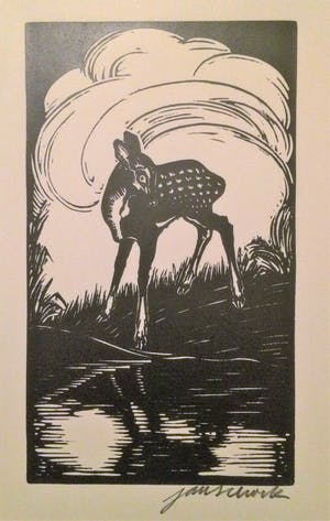 Jan Schonk - Houtsnede "Hertje" 1928 kopen? Bied vanaf 35!