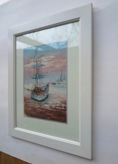 Niet of onleesbaar gesigneerd - Zeezicht met Zeilschip - Pastel olieverf - Gesigneerd met James kopen? Bied vanaf 1!