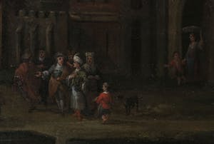 Matthijs Schoevaerdts - 17e eeuw: Olieverf op paneel, Landschap met figuren aan de oever van een rivier - Ingelijst kopen? Bied vanaf 4200!