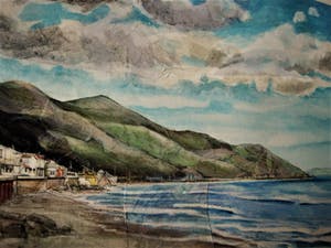 Leslie Gabrielse - GROOT! - Geweldige gemengde Techniek Collage "Sea Cliff California" gesign kopen? Bied vanaf 10!