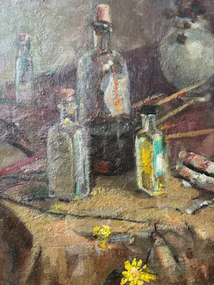 Niet of onleesbaar gesigneerd - Stilleven met schildersattributen. Stempel: 'atelier Ewoud de Kat' kopen? Bied vanaf 10!