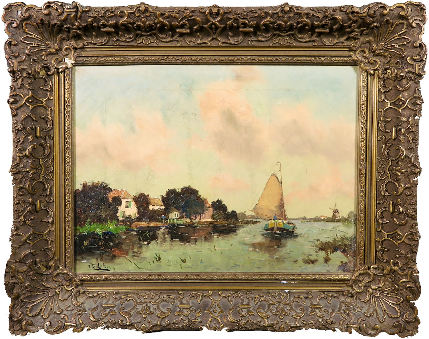 Henri Endlich - Olieverf op doek, Zeilscheepje op de vaart - Ingelijst verkocht voor € 50!