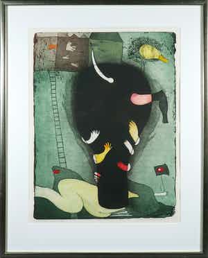 Michel van Overbeeke - Kleurenets met bladgoud, Different houses VI - Ingelijst verkocht voor € 1!