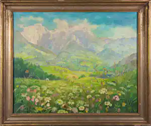 Virginie Waltenberger - Olieverf op board, Berglandschap - Ingelijst vendu pour 100€ !