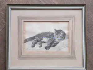 Niet of onleesbaar gesigneerd - Liggende kitten - Gemengde techniek kopen? Bied vanaf 1!