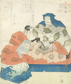 Katsushika Hokusai - Houtdruk, Heer met dienaar kopen? Bied vanaf 50!