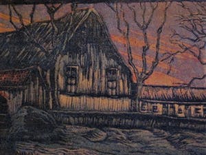 Johanna van Deventer - omstreeks 1920 - Houtsnede/Handdruk - Boerderij bij schemering - gesigneerd kopen? Bied vanaf 5!
