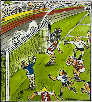 Dik Bruynesteyn - originele tekening 'Spanning en sensatie, de bal op de lat' verkauft für € 85!