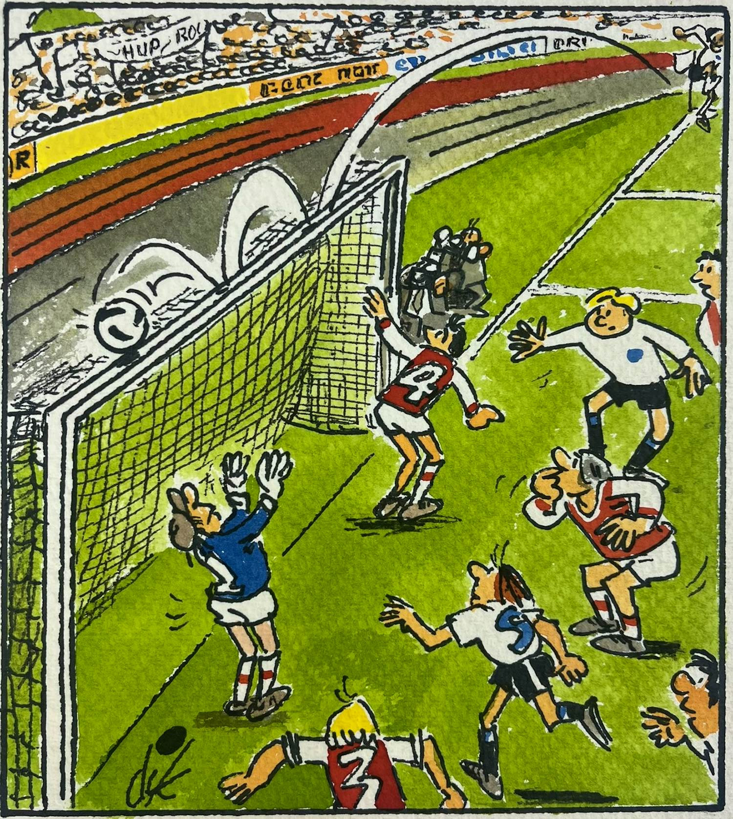 Dik Bruynesteyn - originele tekening 'Spanning en sensatie, de bal op de lat' kopen? Bied vanaf 85!