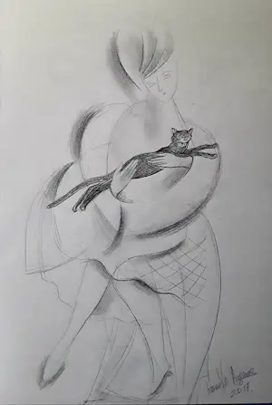 Veronika Issaeva-Agenos - Vrouw met een kat. Tekening op papier. kopen? Bied vanaf 180!