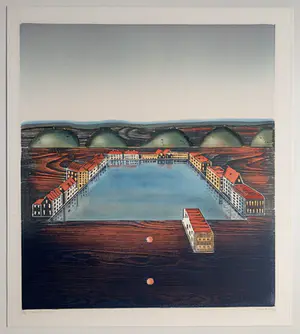 Willem de Vries - Houtsnede - 'Town Centre' - 1999 (Kleine oplage) kopen? Bied vanaf 1!