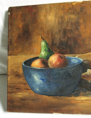 Niet of onleesbaar gesigneerd - Olieverf op doek , Stilleven met groene vaas, fruit en boeken - gesigneerd kopen? Bied vanaf 1!