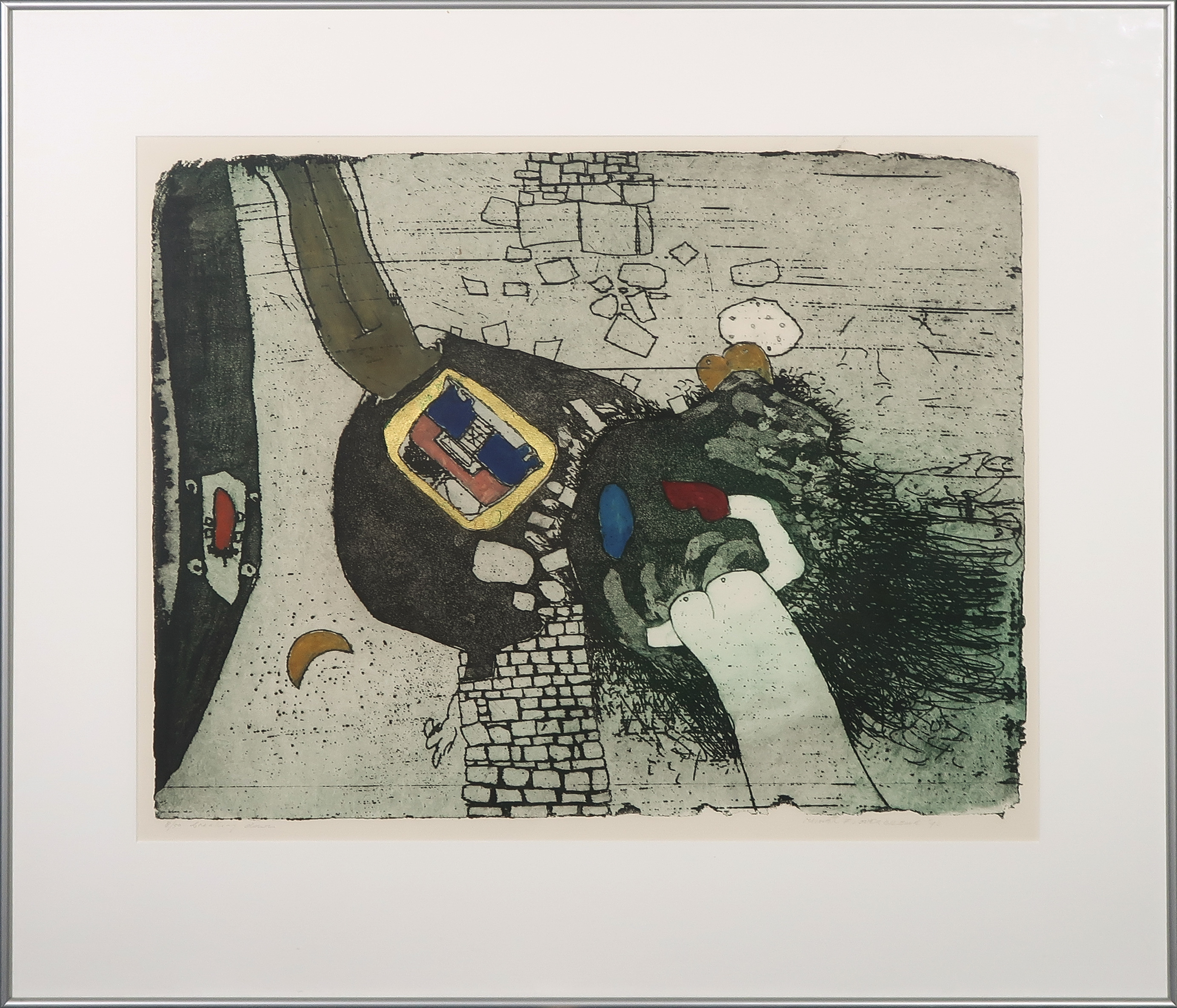 Michel van Overbeeke - Ets met bladgoud, Breaking down - Ingelijst verkocht voor € 80!