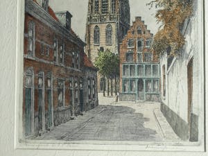 Marius Johannes Janssen - Ingelijste en ingekleurde ets , Onze Lieve Vrouwetoren Amersfoort – ca 1935 kopen? Bied vanaf 1!