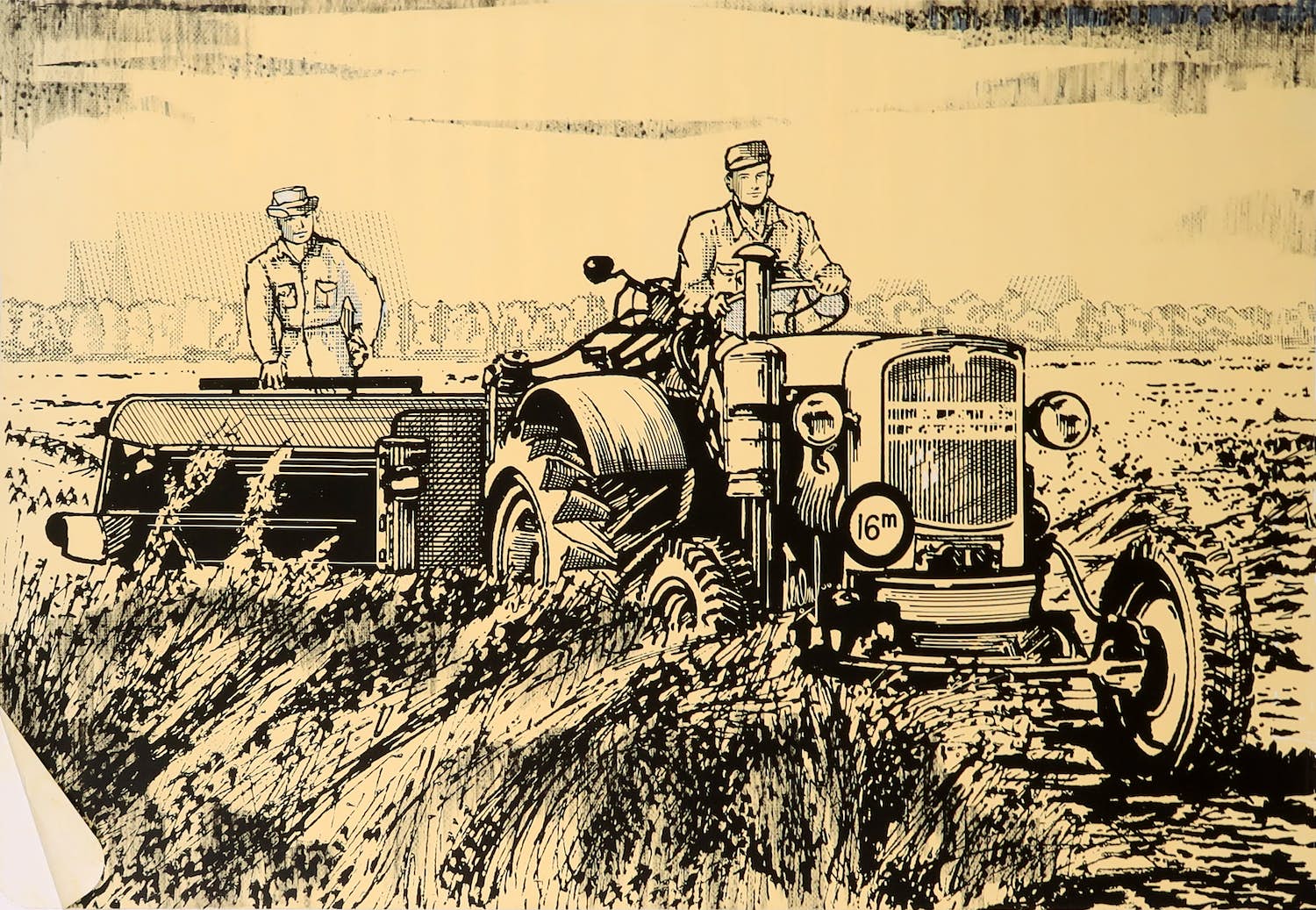 Len Ong - Zeefdruk op papier op paneel, Oogsttijd in het nieuwe land Noord-Oostpolder kopen? Bied vanaf 1!