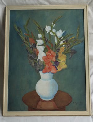 Niet of onleesbaar gesigneerd - Ingelijste gouache , “Bloemen in Vaas” - 1943 kopen? Bied vanaf 1!