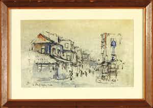Jan Rijlaarsdam - Inkttekening en aquarel, Stadsgezicht - Ingelijst verkocht voor € 1!