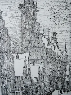 Lucie van Dam van Isselt - (Veerse Joffer): Het stadhuis van Veere in de sneeuw - 1925 kopen? Bied vanaf 50!
