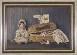Annelies Jonkhart - Olieverf op doek, Stilleven met pop en koffertje - Ingelijst verkauft für € 100!