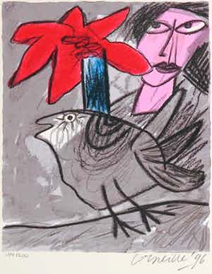 Corneille - Zeefdruk, Femme avec un fleur rouge verkocht voor € 70!