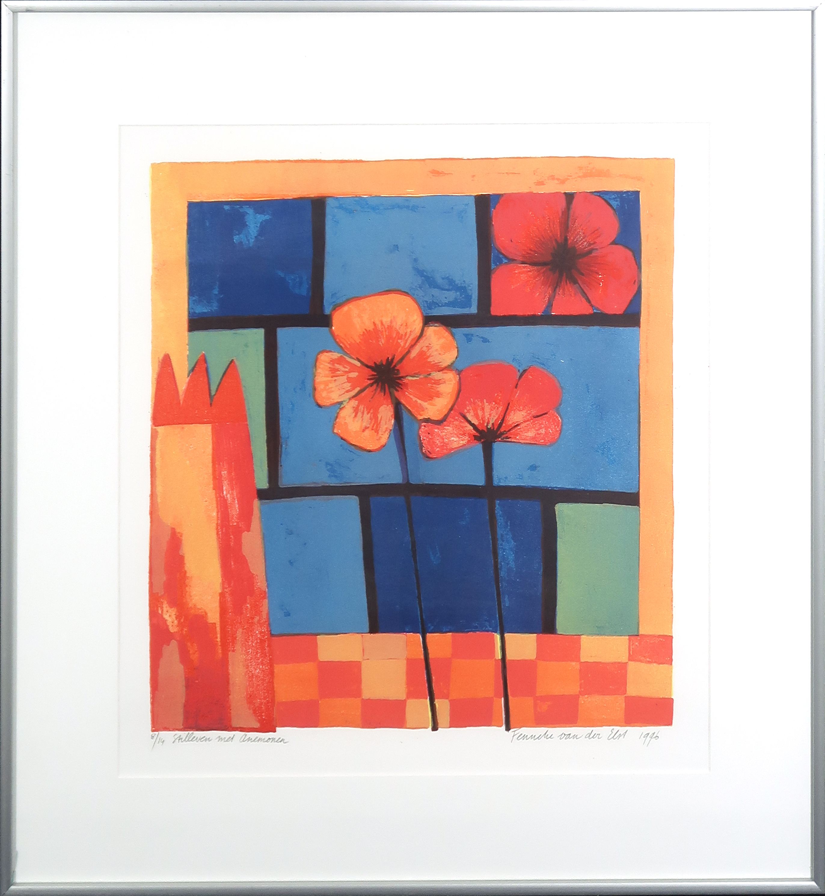 Fenneke van der Elst - Kleurenlitho, Stilleven met anemonen - Ingelijst kopen? Bied vanaf 1!