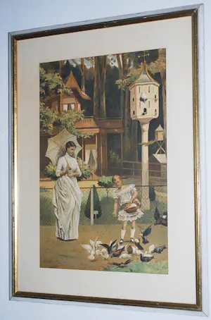 Willem Steelink (sr.) - Duiven voeren - grote zeldzame kleurenlitho (Tresling Amsterdam) kopen? Bied vanaf 50!