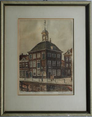 Marius Johannes Janssen - Ingelijste en ingekleurde ets , Zakkendragershuisje Schiedam – ca. 1950 kopen? Bied vanaf 35!