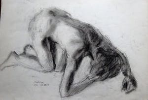 Niet of onleesbaar gesigneerd - potlood tekening van Schuilend naakt figuur kopen? Bied vanaf 1!