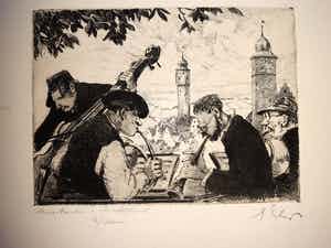 Georg Erler - 1871-1950, orig. Radierung "Musikanten...", signiert verkocht voor € 75!