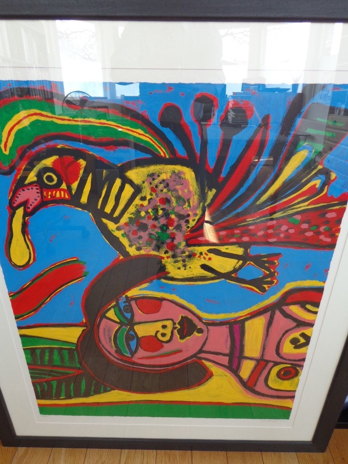 Corneille - KLEURRIJKE VOGEL / KLEURZEEFDRUK / 132x112cm / KADER / SIG kopen? Bied vanaf 520!